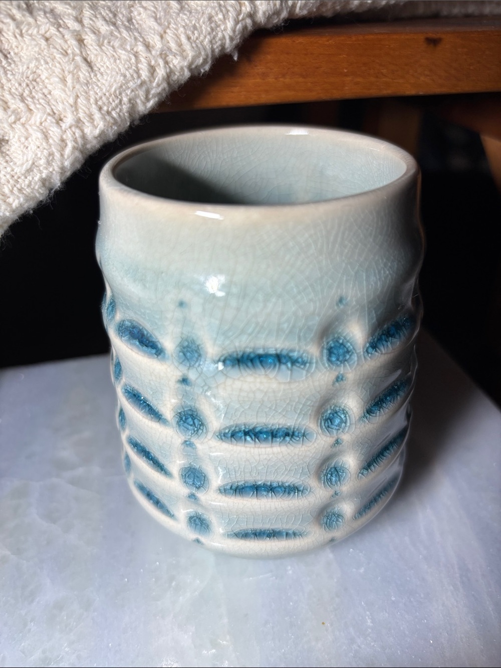 MCM Pottery with glossy blue crackle effect - small pot or vase vintage